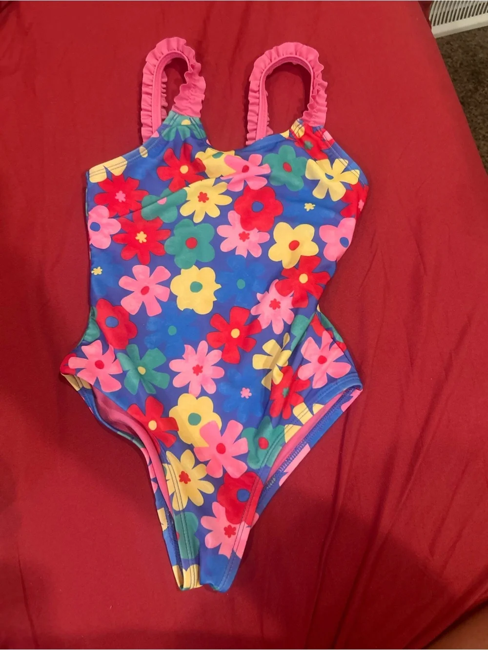 wonder nation Bright Blue Floral One-Piece Swimsuit with Pink Ruffle Straps